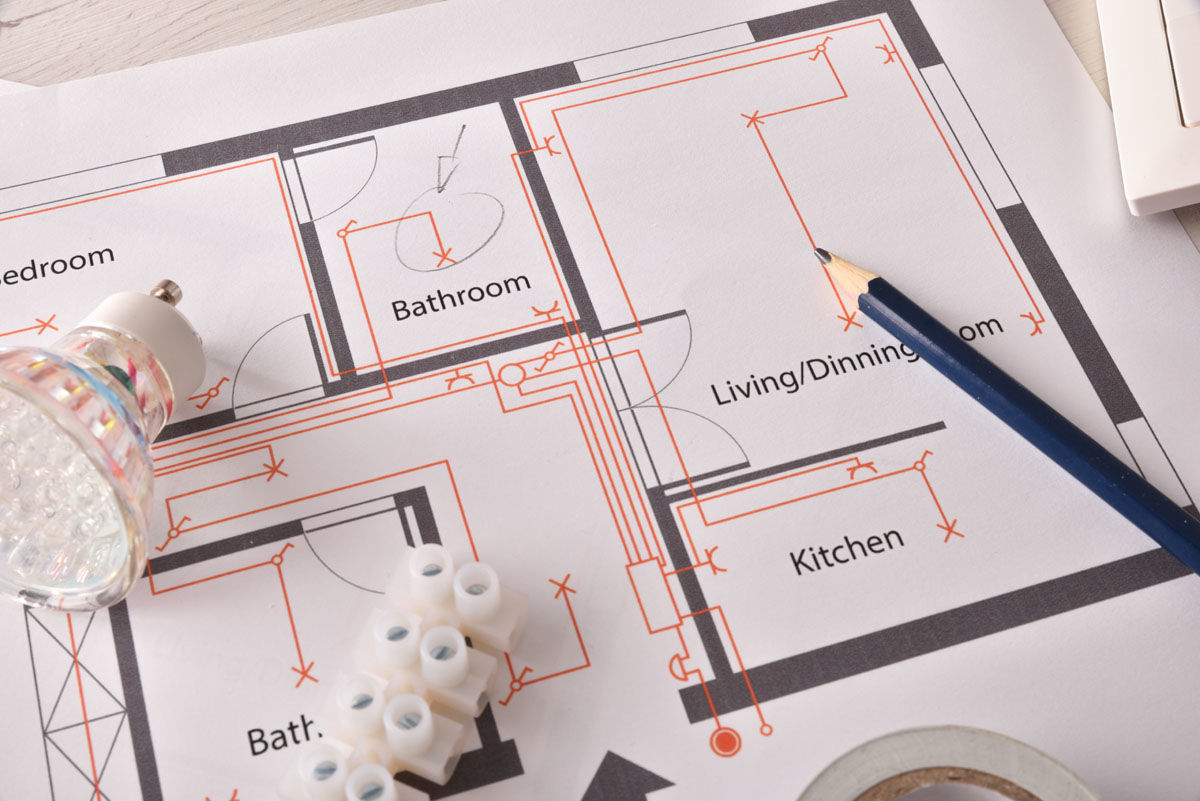 Electrical Diagrams, Electric Fuse and Work Tools on Construction Drawing  of House. Building Home Concept Stock Photo - Image of technology, fuse:  159798356